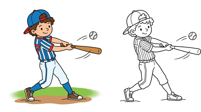 Cute Baseball Player Boy Vector Illustration: A Little Athlete Hitting a Ball and a Corresponding Black and White Line Art Coloring Page for Kids, Isolated on White Background.