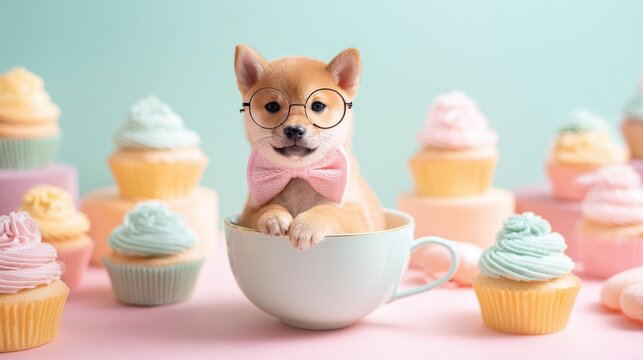 Adorable Shiba Inu puppy wearing glasses bow tie sits in teacup surrounded by cupcakes. Cute, fluffy Shiba Inu puppy with round glasses pink bow tie peeks out from teacup with pastel-colored cupcakes