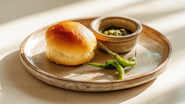 Freshly baked bread roll served with spicy green chili herbal chutney. Warm, golden-brown bread roll is presented on rustic plate alongside small bowl of vibrant green chutney and fresh green chilies