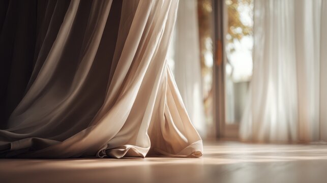Soft flowing fabric drapes gracefully across sunlit wooden floor indoors. Elegant textile folds cascade downwards, catching warm light filtering sheer window coverings onto polished wood surface