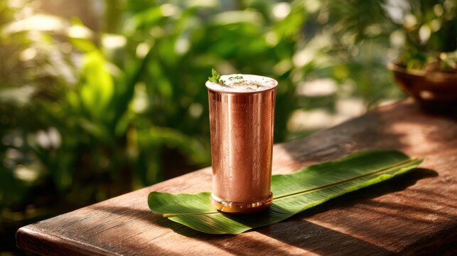 Refreshing drink in a copper mug with mint garnish on a wooden table. A cool beverage served in a traditional copper vessel, garnished with fresh mint leaves, set against a lush green background
