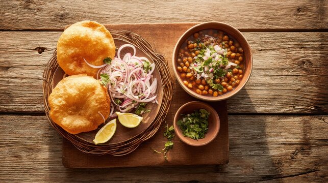 Authentic Indian Chole Bhature served fresh salad lemon wedges. Rustic wooden table displays traditional Indian meal featuring fluffy bhature, spicy chole refreshing onion salad with cilantro garnish