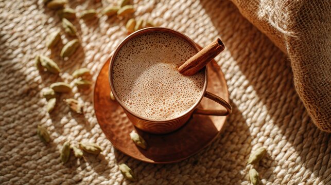Warm cup of spiced chai tea with cinnamon stick and cardamom pods. A cozy and aromatic cup of chai tea, perfect for a relaxing moment with its warming spices and comforting aroma