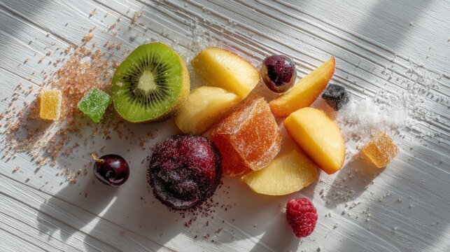 Assortment of healthy fruits and candies scattered on a white wooden table. A vibrant collection of fresh fruits, dried fruits, and colorful candies arranged artfully on a rustic wooden surface
