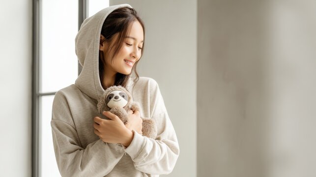 Young woman in cozy hoodie gently holding a stuffed sloth toy. A young woman with a serene expression embraces a small plush sloth, embodying comfort and warmth indoors