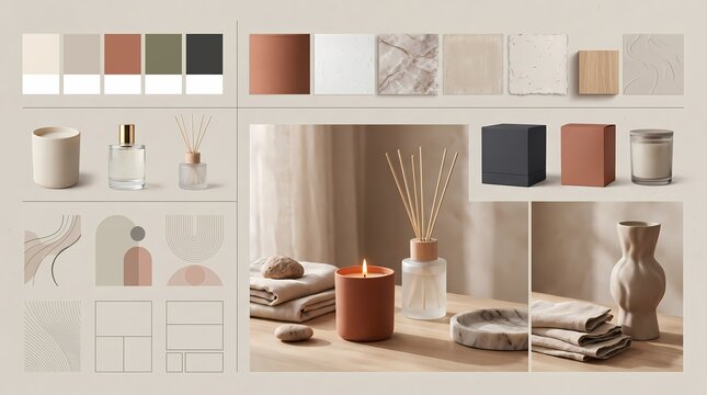 Elegant Interior Design Color Palette with Scented Candles and Wellness Accessories