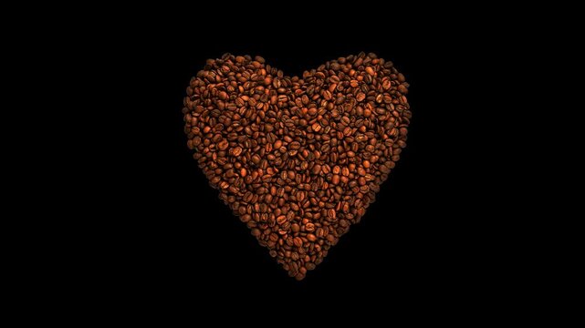 The coffee beans slowly emerge into a perfect shape of heart on a black background. Mesmerizing coffee heart appearing.