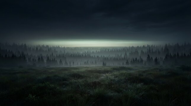 A dark forest landscape stretches towards a hazy horizon under a cloudy overcast sky woods trees coniferous evergreen mist fog