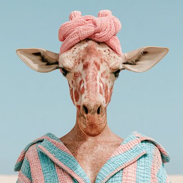 Giraffe enjoying spa day wearing pink towel and robe