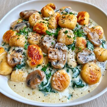 Pan fried gnocchi with creamy mushroom spinach sauce