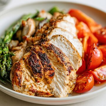 Grilled chicken breast with asparagus and roasted tomatoes