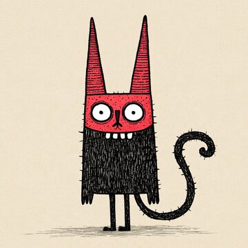 Quirky monster character with red horns and black fur
