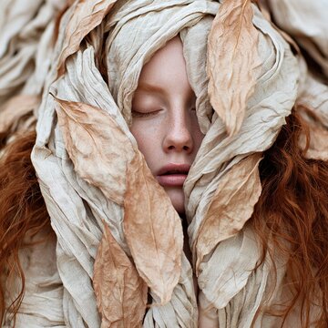 Woman's face surrounded by dry leaves and fabric