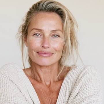 Blonde middle-aged woman smiling looking at camera