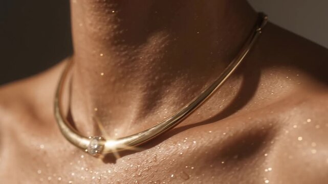 High resolution stock video footage of jewelry reveal on glowing skin showing abstract micro structural details and textures with professional motion details