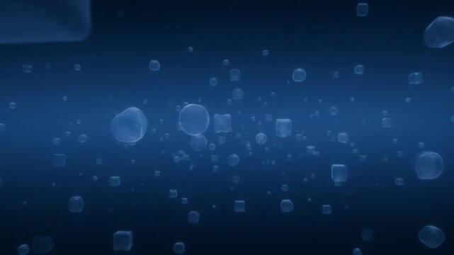 Bubbles and cubes floating and morphing in dark blue space. Abstract motion background with organic shapes.