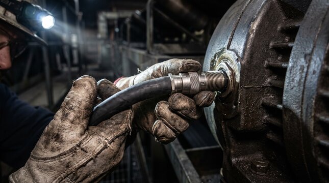 Conceptual close up of gloved hands plugging an M12 connector into a conveyor motor