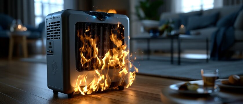 A portable electric heater engulfed in flames on a wooden floor with a blurred living room background.