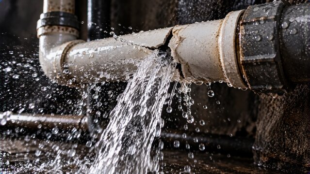 Bursting white pipe spraying water forcefully, showing significant plumbing damage and leakage.