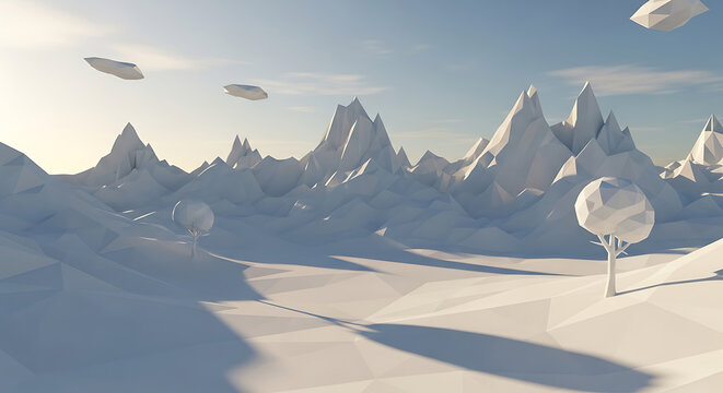 Low poly winter landscape with mountains and trees