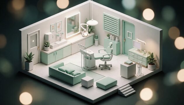 Isometric 3D Render of Modern Dental Clinic Interior