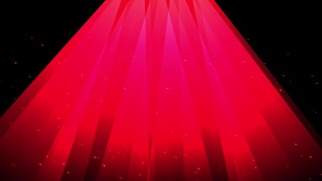 Abstract red spotlight motion background with glowing beam rays and flying particles on dark stage
