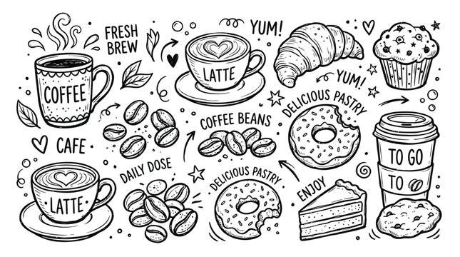Coffee latte and pastry doodle illustration with hand drawn elements
