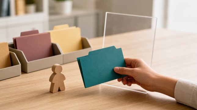 customer service experience personalization. Person holding a blue folder card near wooden figure and colorful file organizers on desk.