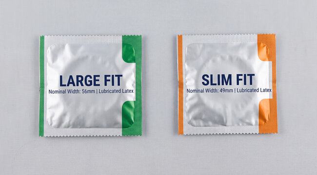 Condom packaging mock up with large fit and slim fit options displayed
