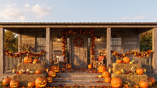 Rustic porch decorated for Halloween with pumpkins and autumn leaves