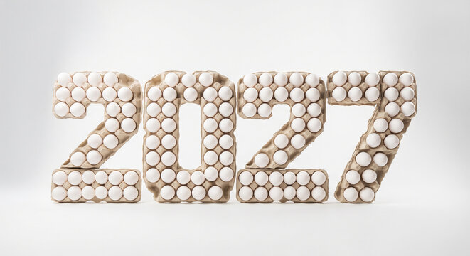 Number 2027 formed with white eggs on a light background