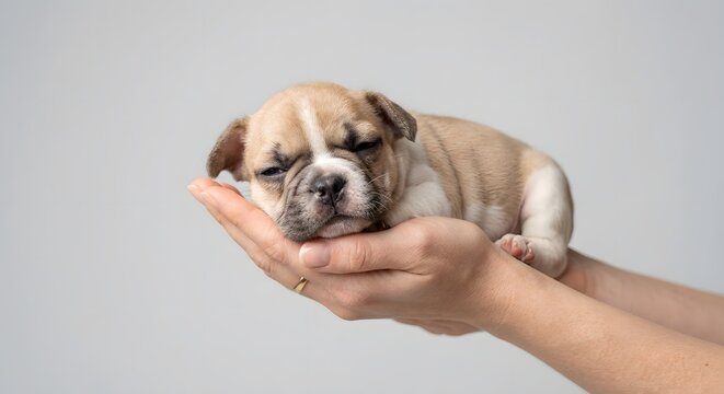 Tiny Sleeping French Bulldog Puppy Being Held Carefully In Human Hands Against A Neutral Grey Backdrop