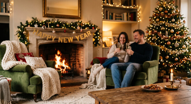 Couple celebrating New Years Eve with drinks by the fireplace