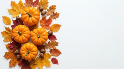 Fototapeta premium Vibrant Autumn Harvest Border with Orange Pumpkins, Colorful Maple Leaves and Acorns on White Background with Copy Space
