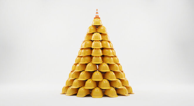 Pyramidal arrangement of yellow construction helmets with traffic cone