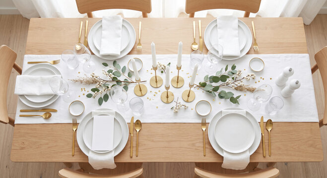 Elegant dining table set for special occasion with candles and greenery