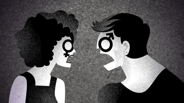 man and woman with gender symbols on their faces arguing passionately