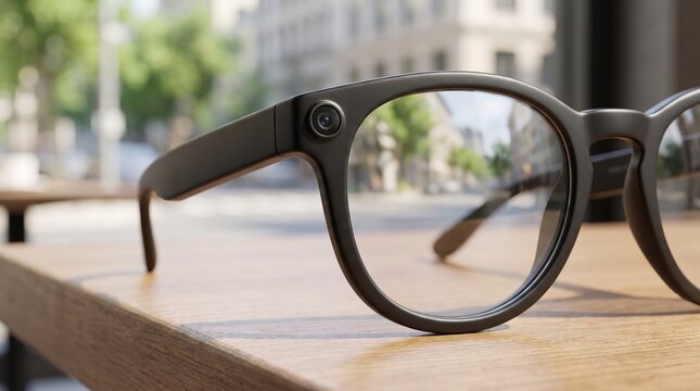 Unbranded smart glasses with camera lens reflecting city street on outdoor cafe table in bright late morning daylight