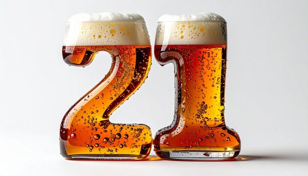 Beer Glass Shaped as Number 21 with Foam and Bubbles on White Background for Birthday and Anniversary Celebration