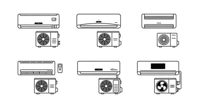 Assortment of air conditioning units in a black vector illustration