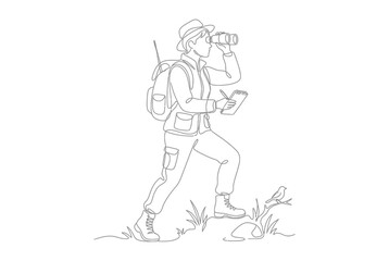 Fototapeta premium Hiker looking through binoculars line art illustration.