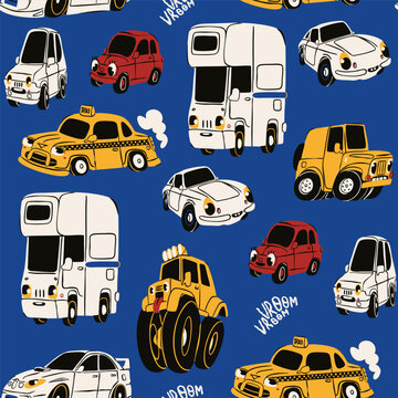 Cartoon Cars with eyes, various emotions. Different vehicles. Cute characters. Retro comic style. Hand drawn trendy Vector illustration. Square seamless Pattern, background, wallpaper