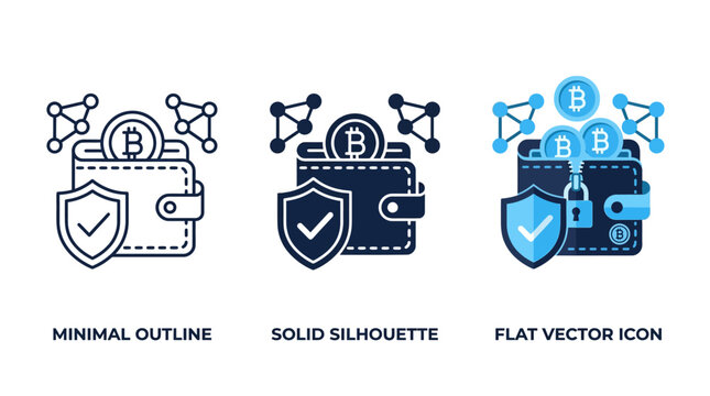 Cryptocurrency Wallet Icon with Digital Coin and Blockchain Nodes &ndash; Three Style Fintech Vector