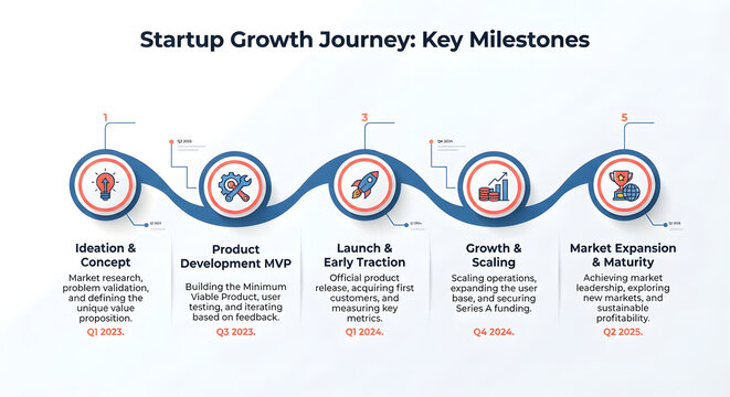 Startup Growth Journey infographic with key milestones, business timeline for product development and scaling, corporate strategy roadmap with 5 steps