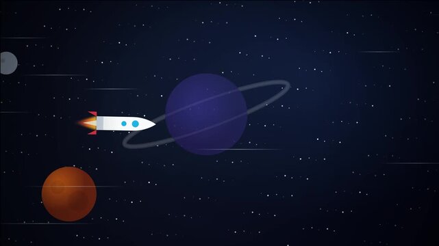 Vector illustration of a white rocket ship flying through deep space towards a red planet and stars.