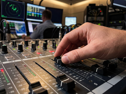 Close Up of Hand Turning Knob on Audio Studio Console