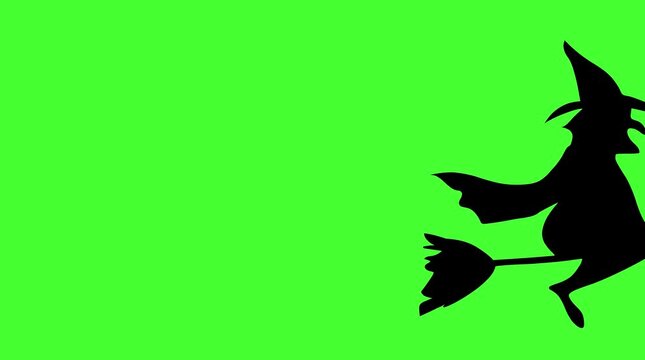 Black Silhouette Witch Flying Across the Screen on Broomstick Halloween Animation on Green Screen