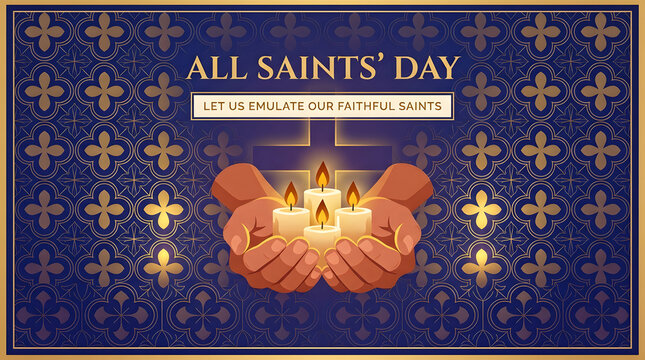 Hands holding glowing candles with a cross symbol for All Saints Day religious celebration background