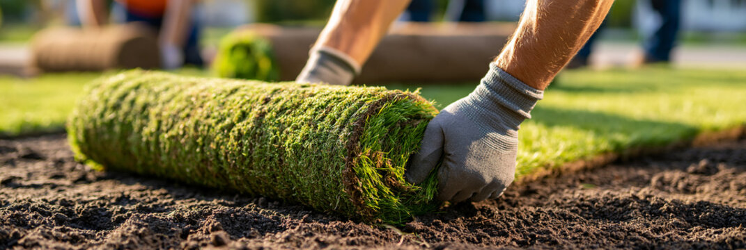 Worker unrolling fresh green sod grass roll for lawn turf. Practical, bright, and dynamic composition for professional landscaping marketing, lawn care guides, and gardening ads.