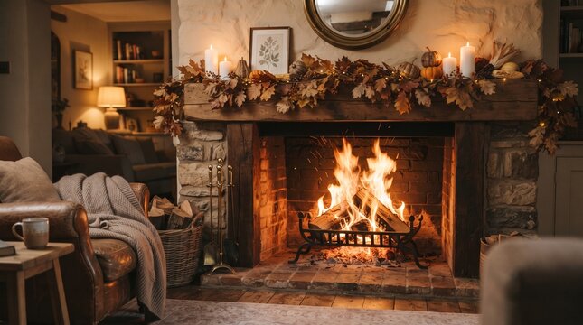Cozy living room fireplace burning with autumn decor creating warm ambiance for holiday season